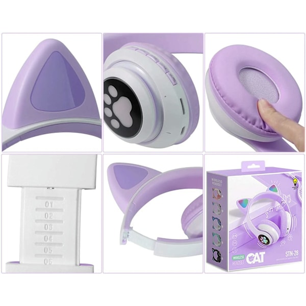 Bluetooth-hodetelefoner, True Wireless-hodetelefoner med LED-lys, trådløse hodetelefoner for barn med mikrofon, lilla