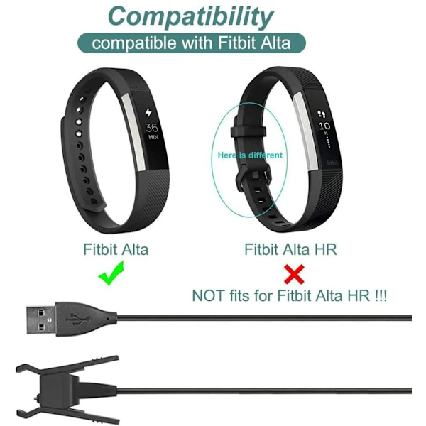 Oplader til Fitbit Alta (passer ikke til Fitbit Alta HR), 2-pak med udskiftningskabel til opladning af Fitbit Alta