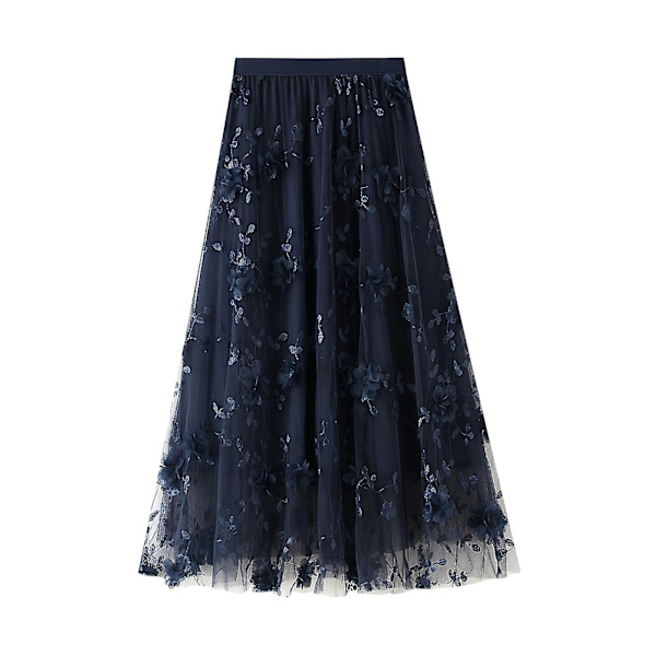 Lång Tutu-kjol i tyll för kvinnor 3d-blombroderi Enfärgad midi- mesh med hög midja Navy