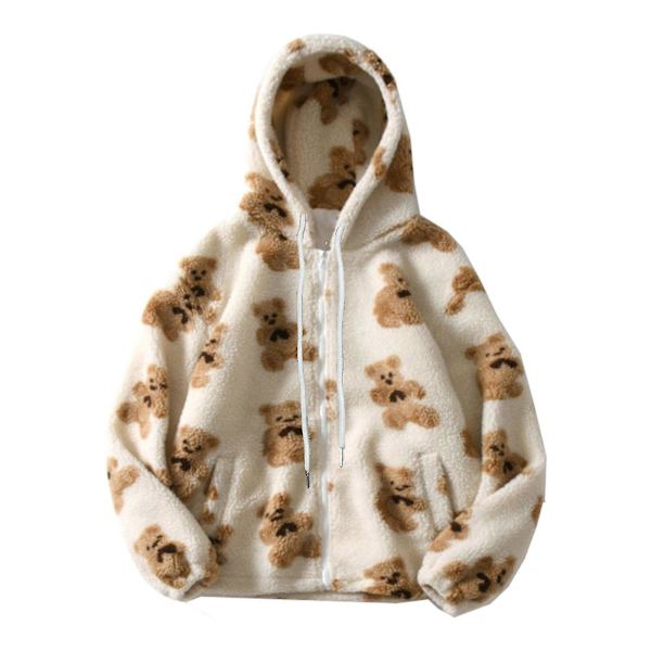 Varm jakke med bamsetryk til kvinder White XL