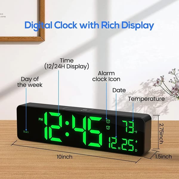 Väckarklocka Digital Klocka med Tid Datum Inomhustemperatur 10\" Stor Display