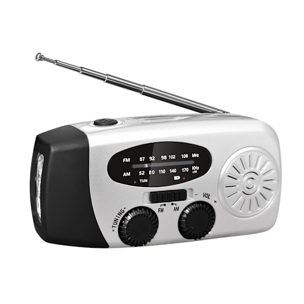 Nödsolradio, Bärbar Handvev Am/Fm Radio Med Led Ficklampa 2000Mah Batteri /Silver