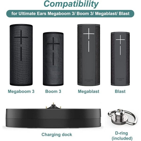 Strømladingstasjon for Ultimate Ears Boom 3/Megaboom 3/Megablast/Blast Basestasjon Svart