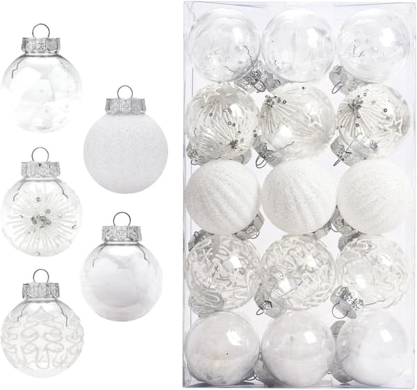 Julekule 6cm, knusesikker juletrepynt i plast (hvit - 30 stk)