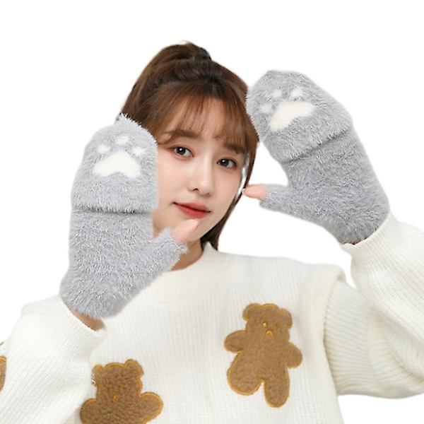 Kvinners vintervarme berøringsskjermhansker Cute Cat Claw Sensory Finger Less Mitten Gray