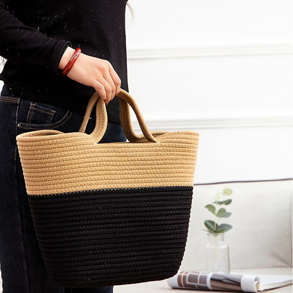 Straw Tote Bag Kontrastfarve Bomuld Rope Travel Stor Kapacitet Beach Bag brown