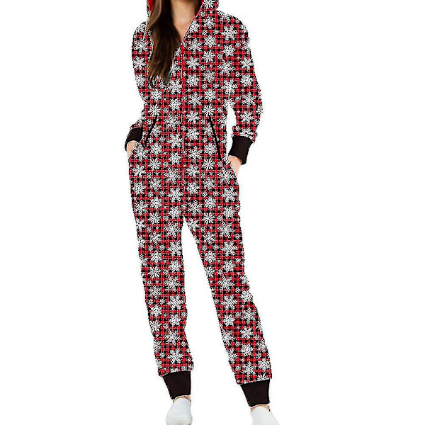 Dame Jul Onesie En-delt Glidelås Jumpsuit Hoodie Playsuit Pyjamas Xmas Nattøy Loungewear Snowflake Plaid S