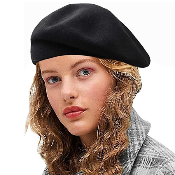 Ull beret lue, ensfarge fransk stil vinter varm lue for kvinner retro høst og vinter ull maler lue dame beret All-match Black