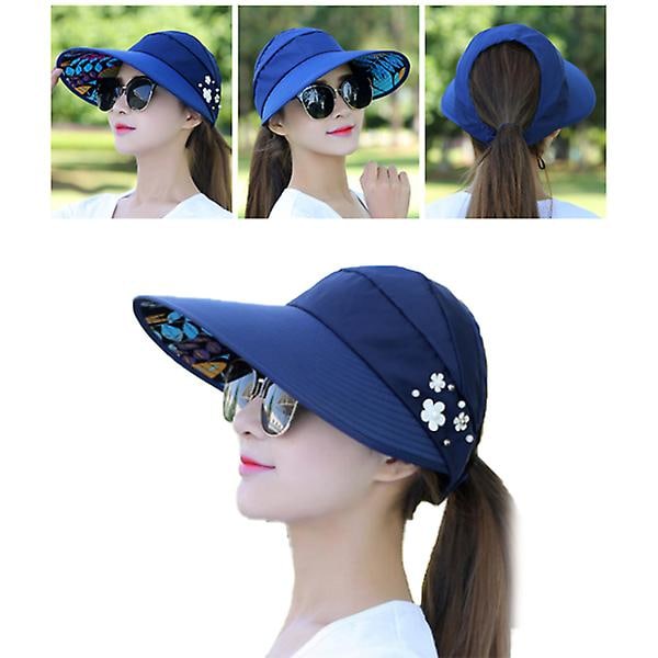 Sommer Solhatt Med Perle Justerbar Store Hoder Bredbremmet Strandhatt UV-beskyttelse Pakkbar Solskjermhatt Dark blue