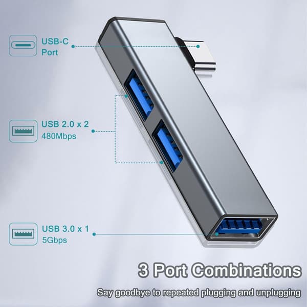 Typ C Hub 3 Port USB 3.0 Laptop expander adapter, silver