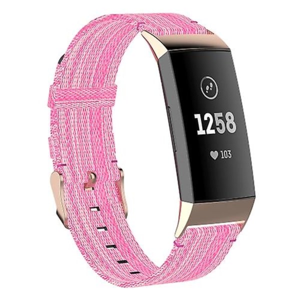 For Fitbit Charge 4 / Charge 3 Se rustfritt stål hode korn Nylon denim erstatningsrem klokkerem Pink