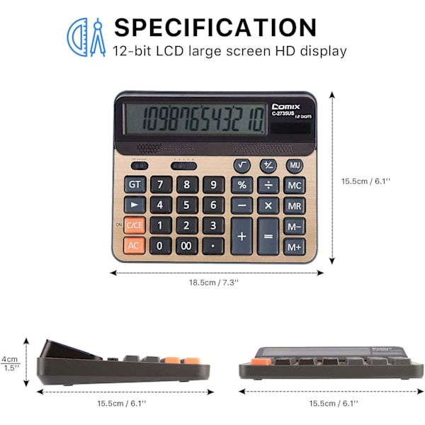 Kalkulator 12 cifre LCD-skærm Standardfunktion Skrivebordslommeregnere Med Store Computertaster Dobbelt drevet Solkontor Lommeregner Champaign Gold Farve