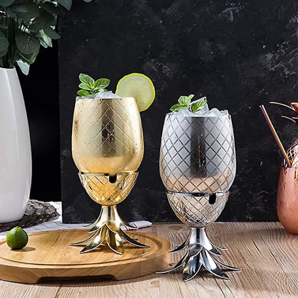 Ananas isspand med låg Drikkespand Metal rustfri stål isspand, cocktailtilbehør til drinks, 550 ml (sølv)