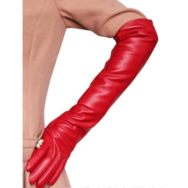Långa läderhandskar Simulationshandskar för kvinnor Silkeslent foder Långt över armbågen Elegant vante 50 cm Red L