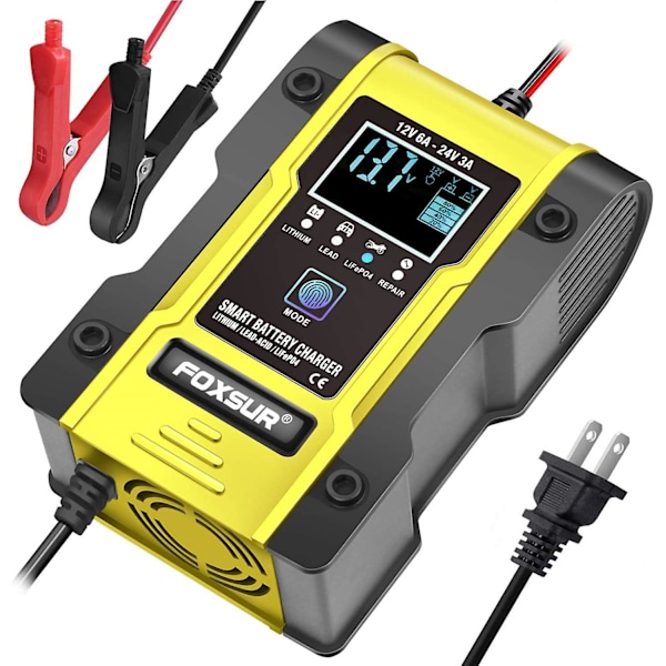 Lithium batterioplader, 12v/24v 6amp fuldautomatisk intelligent bilbatterioplader (lithiumbatterier, blysyrebatterier, calcium osv.)/vedligeholder yellow