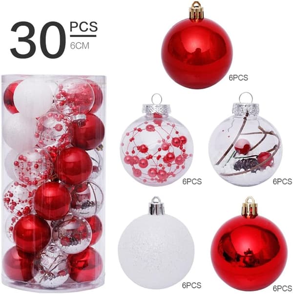 Okrossbara julkulor i plast, 6 cm (röd vit - 30 st)