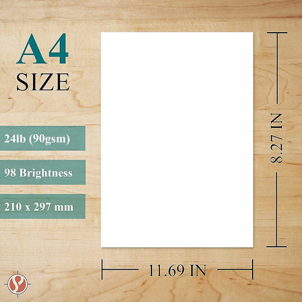 A4 Premium Bright White Paper Perfekt för kopiering, utskrift och skrivning 210 x 297 mm (8,27 x 11,69) 24lb Bond 60lb Text (90gsm) 100 ark per förpackning