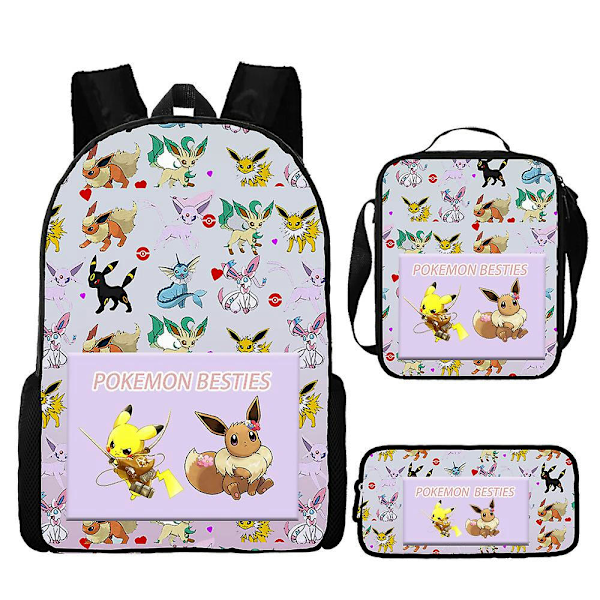 Pikach Ryggsäck Pokmon 3d Tryck Skolväska Messenger Väska Pennfodral Tredelad Set