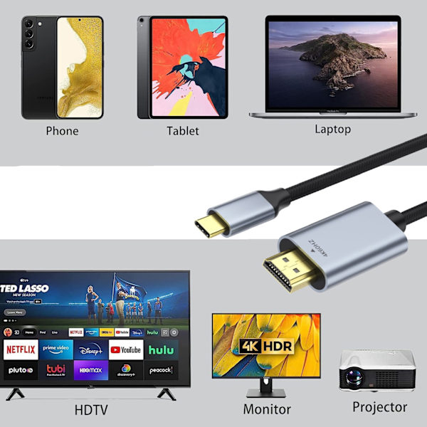 USB C til 4K Display Adapter 3m, 4K 60Hz Opløsning, Type C til 4K Display Adapter til MacBook Pro