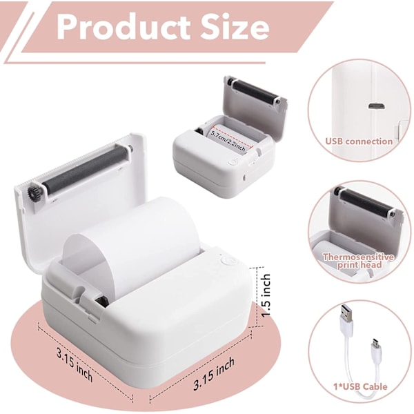 Mini Bluetooth-skriver for notater, påminnelser, bilder, leveres med 3 ruller fargepapir og 5 fargepenner Rosa
