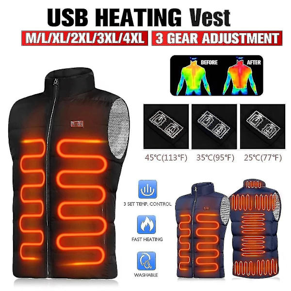 Uppvärmd väst män kvinnor Usb uppvärmd jacka uppvärmning termiska kläder Black 4XL