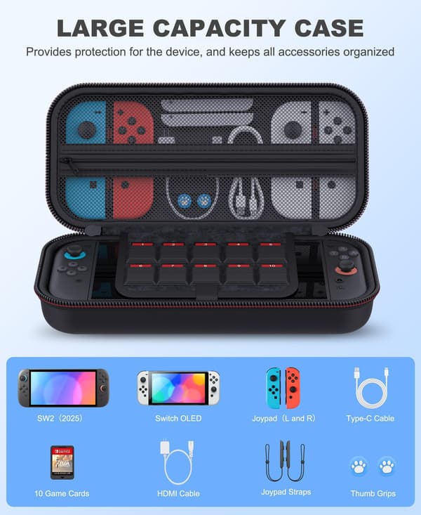 Bærbar opbevaringstaske til Nintendo Switch 2 med 10 spilkortpladser