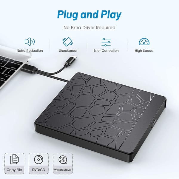 Eksternt CD DVD-drev til bærbar, 5-i-1 USB 3.0 Type-C CD DVD ROM +/-RW Burner Writer Reader