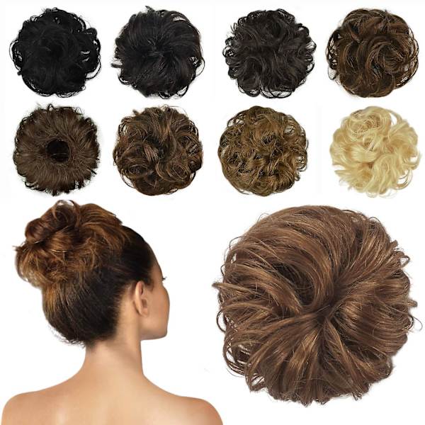 100% äkta människohår bulleförlängning, rörig bulle hårbit lockigt hår scrunchies chignon hästsvansförlängningar kompatibla med kvinnor flickor uppsättning donut hårbit Chestnut Brown