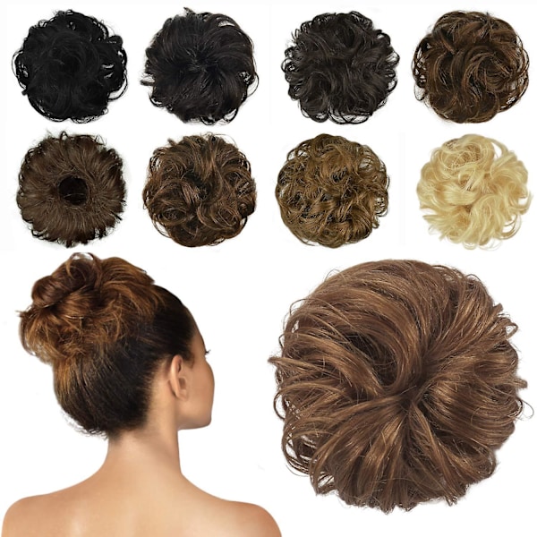 100% menneskehår bolleforlængelse, rodet bolle hårstykke krøllet hår scrunchies chignon hestehaleforlængelser kompatibel med kvinder piger opsætning donut hårstykke Chestnut Brown