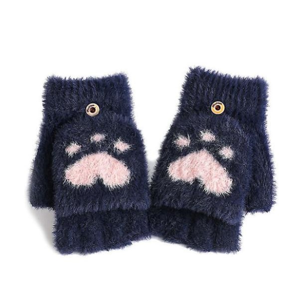 Kvinders vintervarme berøringsskærmshandsker Cute Cat Claw Sensory Finger Less Mitten Blue