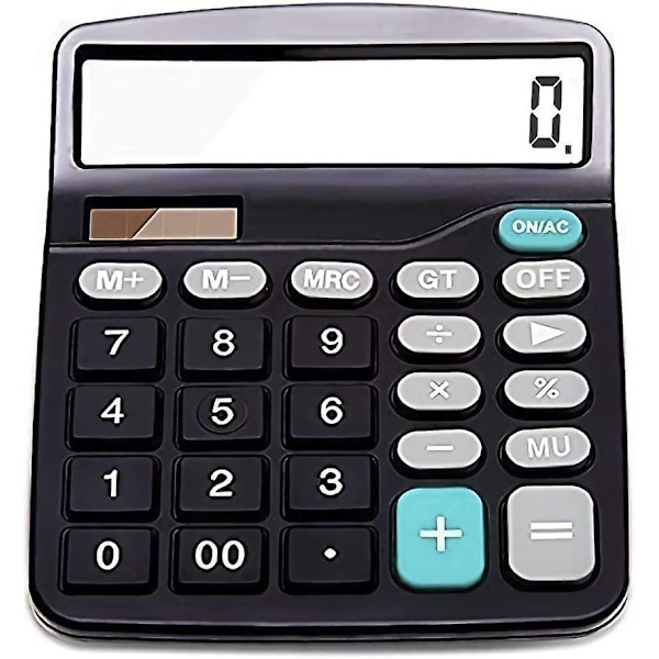 Elektronisk skrivebordslommeregner med 12-cifret stort display, solbatteri, LCD-display, kontorlommeregner, sort