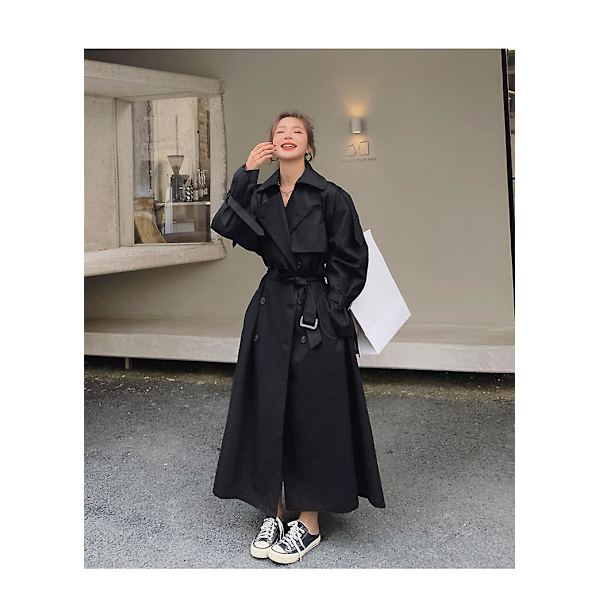 Trenchcoat för kvinnor Lös oversize lång jacka Dubbelknäppt bälte Dammantel Grå vindjacka Black M