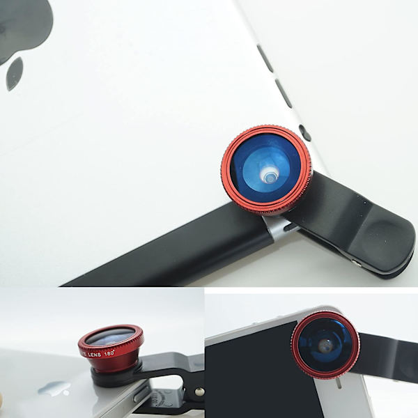 Universal 3-i-1-mobilkameraobjektivsats för smartphones inklusive - Fish Eye-objektiv / 2-i-1 makroobjektiv & vidvinkelobjektiv/ universal /bärväska Red
