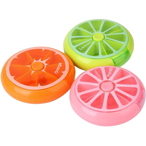 Pakke med 3 (oransje/sitron/pomelo) Creative Portable Mini 7-dagers ukentlig sirkulær form Roterende søt fruktstil pilleoppbevaringsboks