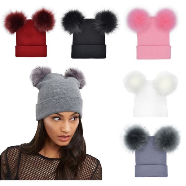 Vinter varme strikkede kasketter Blød imiteret pels Dobbelt Pom Beanie Hat Plys foring Black