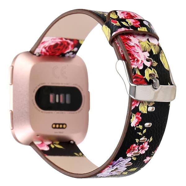 For Fitbit Versa 1/2 klokkebånd med blomstermønster Black Pink
