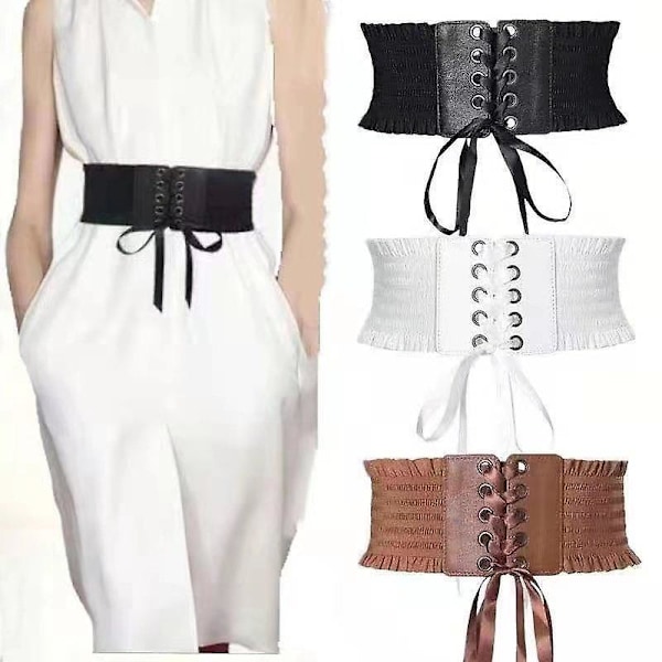 Kvinnors midjeband stretch PU läder wrap spets upp hög midja stil bälte Black