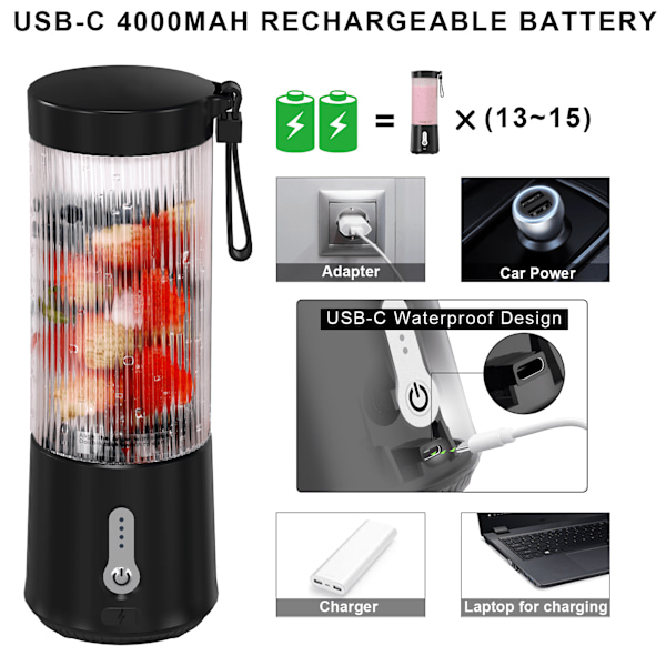 Bärbar mixer för shakes och smoothies med 6 blad svart