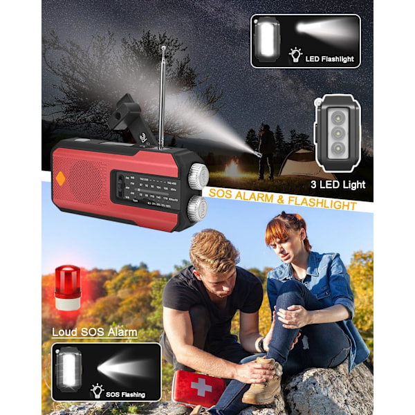 Nødradio med håndsveiv og 3 LED-lommelykter, egnet for innendørs og utendørs camping, rød