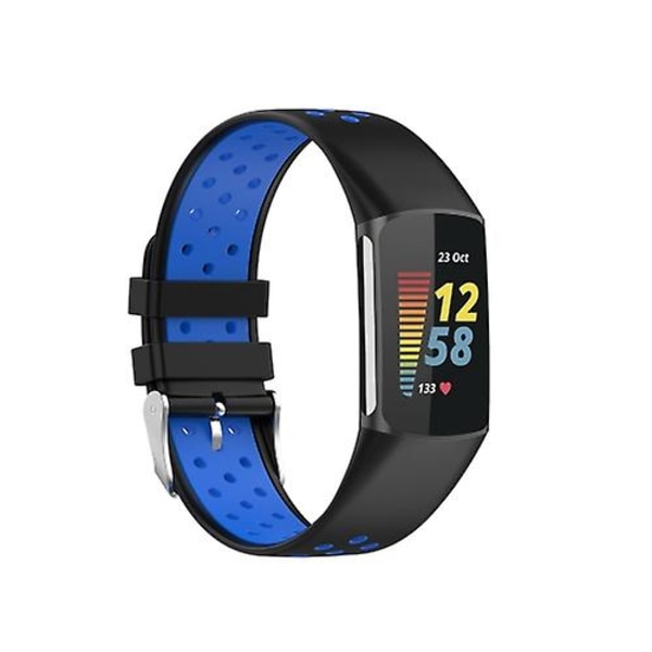 Til Fitbit Charge 5 dobbeltfarvet metalspændehul silikoneurrem Black Blue