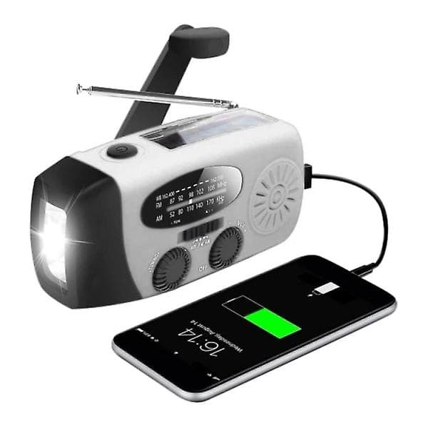 Krankradio med solceller / lommelygte - 2000mah Powerbank - Sølv