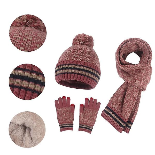 Snefnug Print Beanie Hat Halstørklær Touch Screen Handsker Sæt med Pom til Kvinder Red
