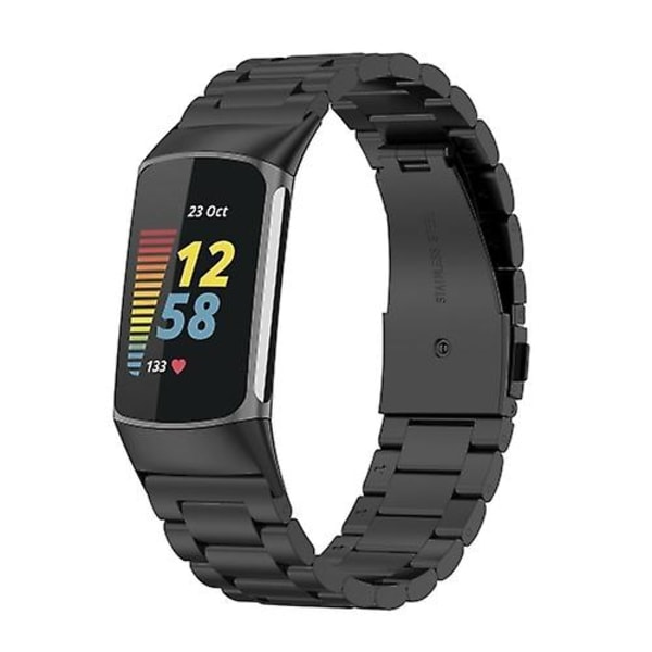 For Fitbit Charge 5 Tre-perlers Rustfritt Stål Klokkereim TET Black