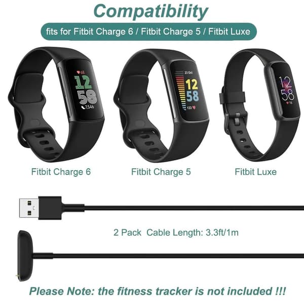 Oplader til Fitbit Charge 5 / Fitbit Charge 6 / Fitbit Luxe, Erstatningsopladningskabel [2-pak, 3,3ft/1m]