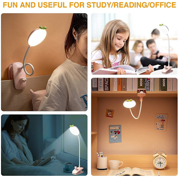 Skrivebordsklemmelampe for barn, seng batterilampe klemmelys med 3 lysstyrkenivåer usb oppladbart leselys Øyepleie Led bordlampe Jente Barn Gutt T