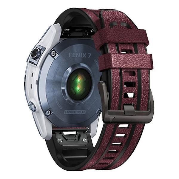 Til Garmin Fenix ​​7x Silikone + Læder Quick Release Urrem Wine Red