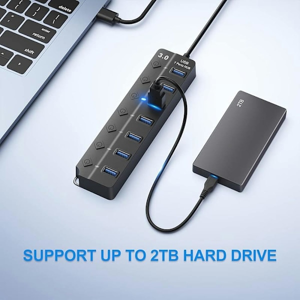 USB-hubb 3.0, 7-portars USB-hubbsplitter med individuella på/av-brytare och lampor, 3,2ft/1m lång kabel kompatibel med MacBook, bärbar dator, Surface Pro Black