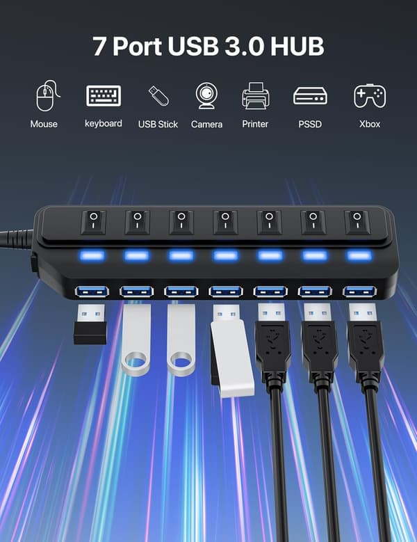 7 Port USB 3.0 Hub med Individuel On/Off, 5Gbps HighSpeed Data USB adapter til Laptop, MacBook