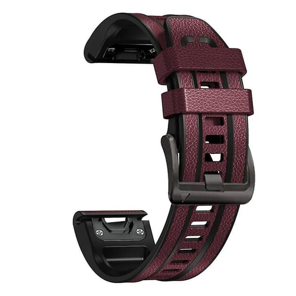 Til Garmin Fenix ​​7x Silikone + Læder Quick Release Urrem Wine Red