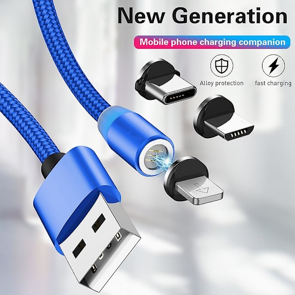 3-in-1 magneettinen latauskaapeli, magneetti USB-kaapeli, magneettinen datakaapeli, pikalatauskaapeli yhteensopiva Micro USB Type-c -tablettien puhelimen kanssa Blue